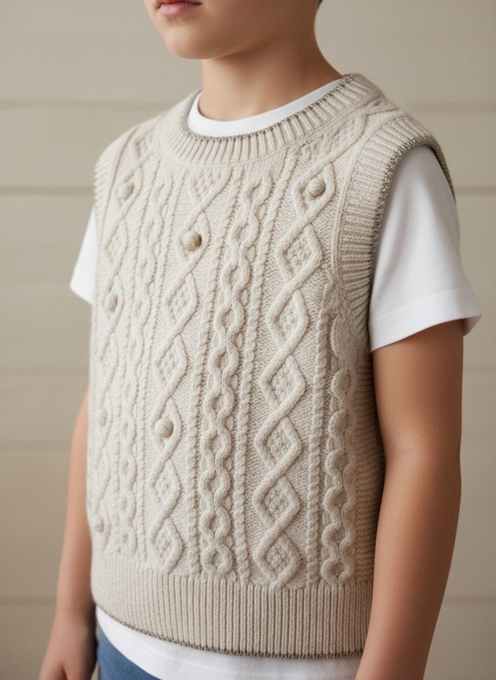 Boden Kids Cream Cable Knit Sweater Vest Metallic Trim Unisex Size 6-7Y